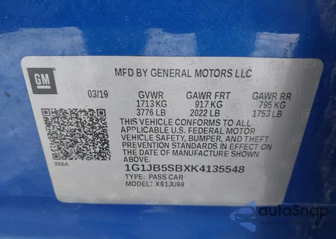 2019 Chevrolet Sonic Ls Auto z USA, uszkodzony, nr VIN 1G1JB5SBXK4135548